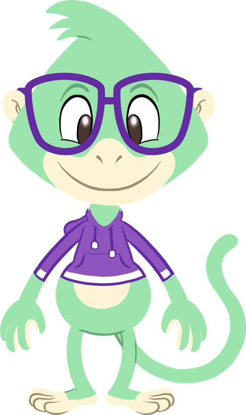 Monkleton, the Cyber Safe mascot - a friendly green monkey wearing purple glasses and a purple hoodie.